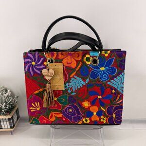 Floral Vibrant Tapestry embroidery artisanal handbag satchel vegan leather w mak